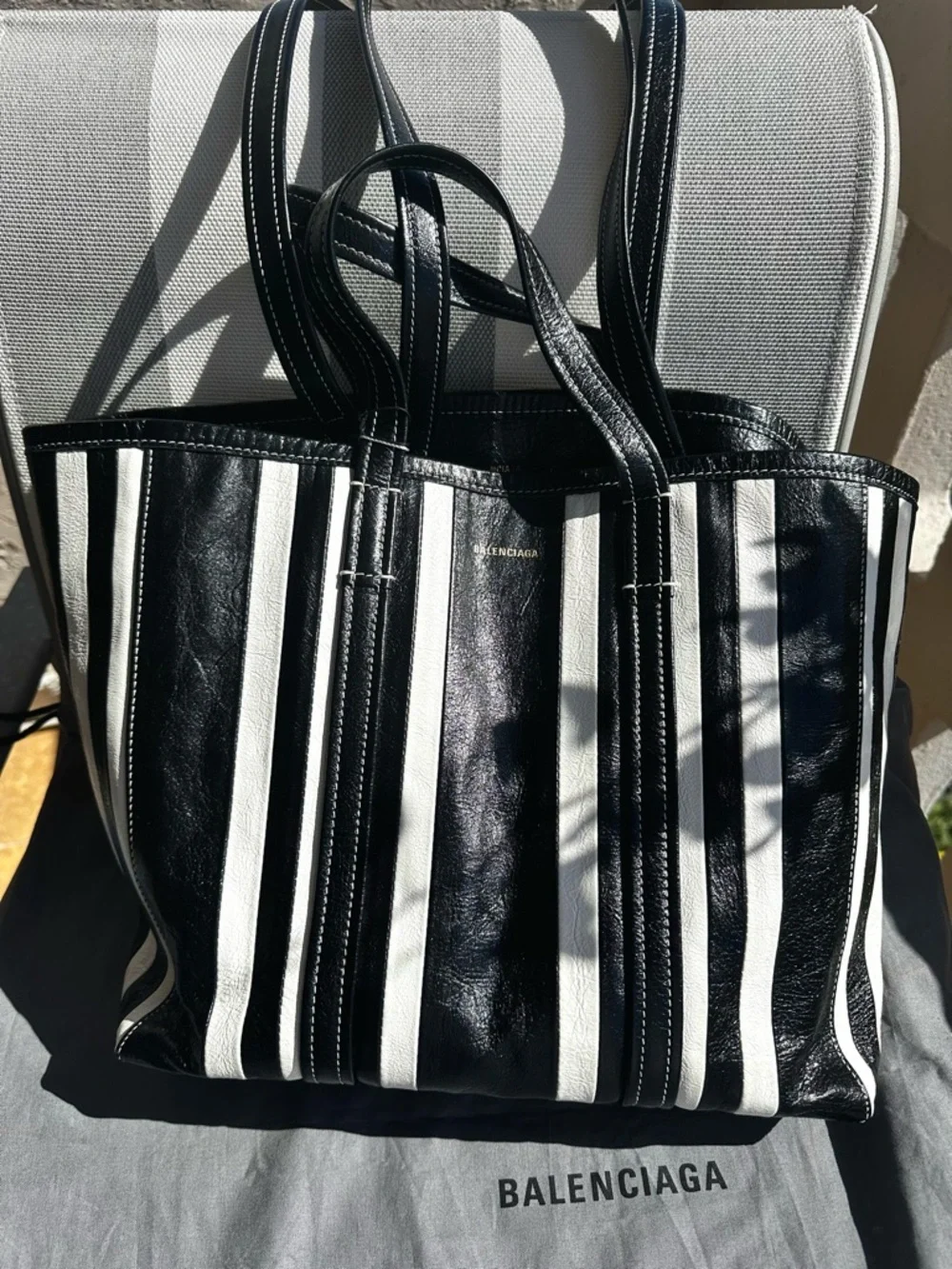 Balenciaga Barbes East-West Shopper Tote Black White Striped Leather Bag - Picture 4 of 16